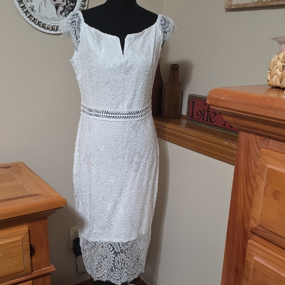White Lace Midi Dress with Crochet Waist Detail